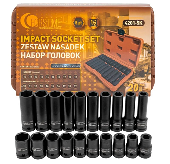 Набор 6-гранных головок FORSTIME 20 предметов, 1/2, короткие 38мм, глубокие 78мм: 10-19мм FT-4201-5K
