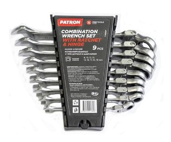 Набор ключей комбинированных трещоточных с шарниром 9 пр(8,10,12-14,16-19мм) PATRON P-51092F