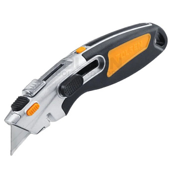 Нож выкидной с трапециевидным лезвием 61х19мм(х3), автофиксатор, автовозврат, обрезиненная рукоятка